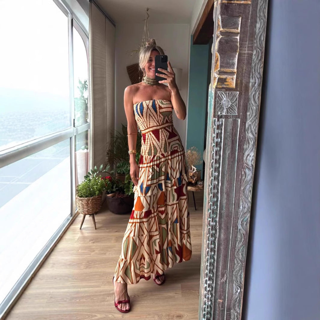 Retro High-Waist Printed Maxi Dress