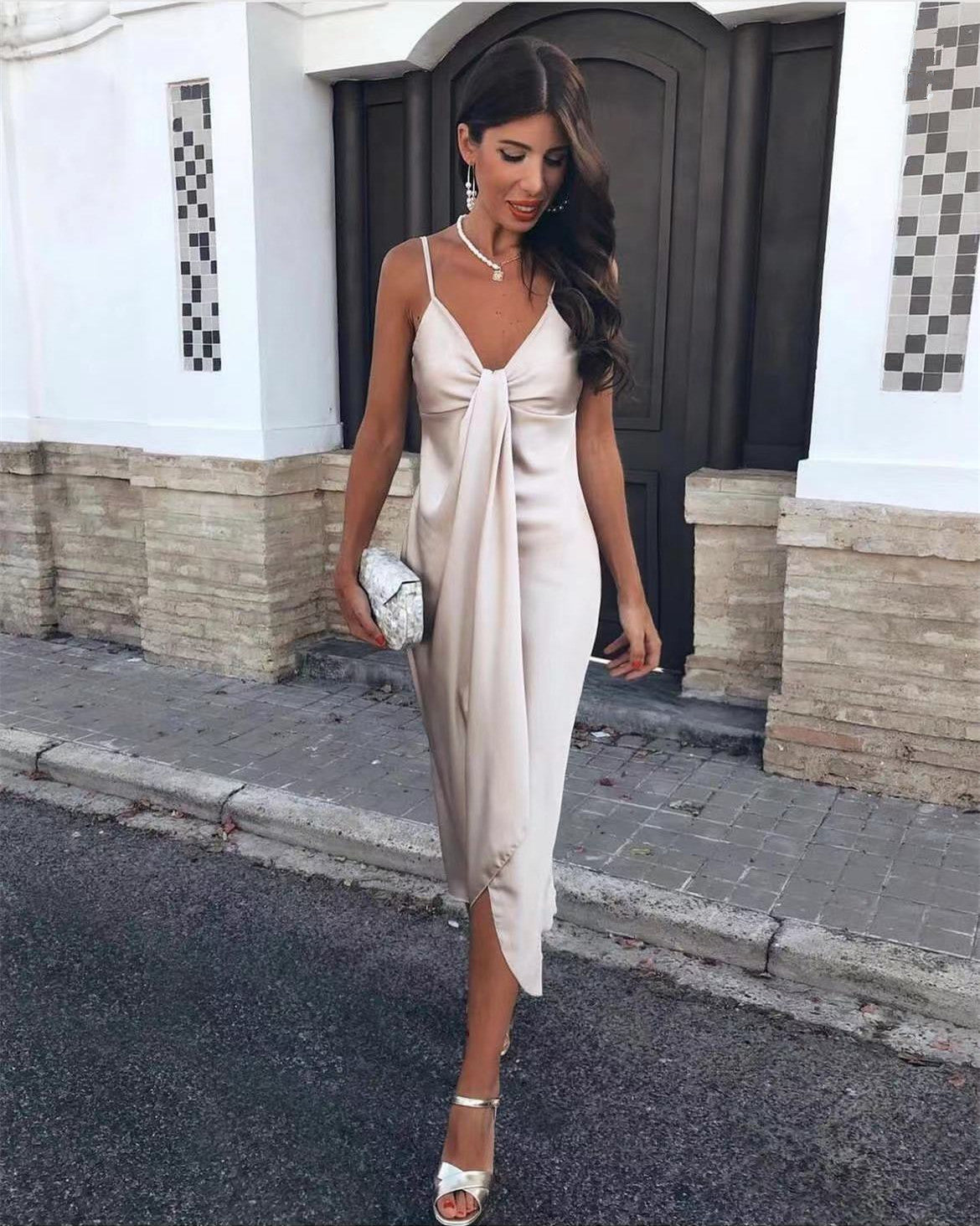 Sexy V-Neck Split Irregular Spaghetti-Strap Dress For Women