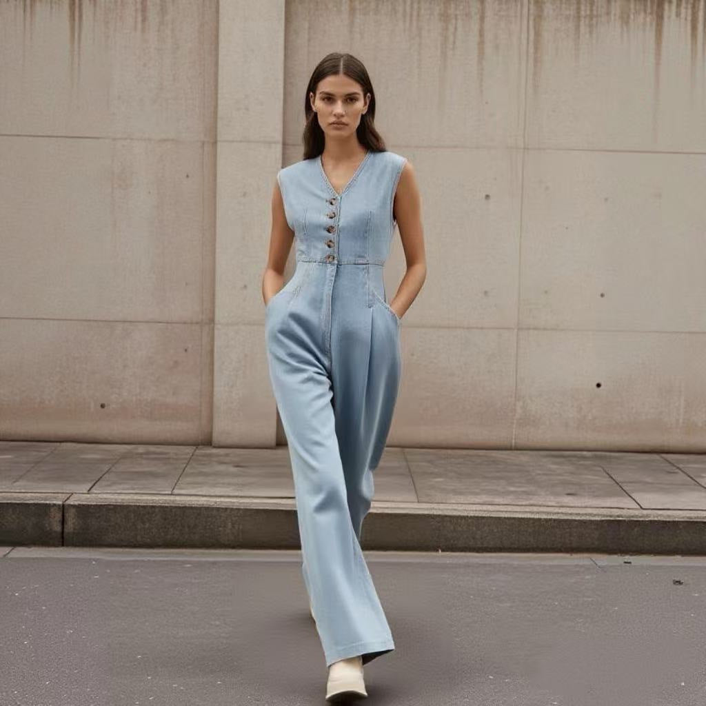 V-Neck Double-Breasted Sleeveless Wide-Leg Denim Jumpsuit