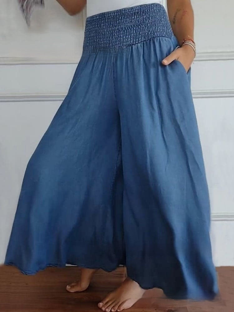 High-Waist Smocking Wide-Leg Denim Trousers With Pockets