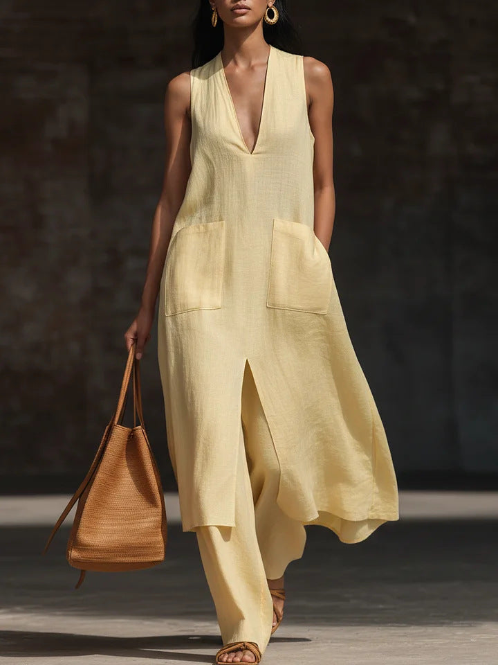 Casual New Style V-Neck Sleeveless Dress Set