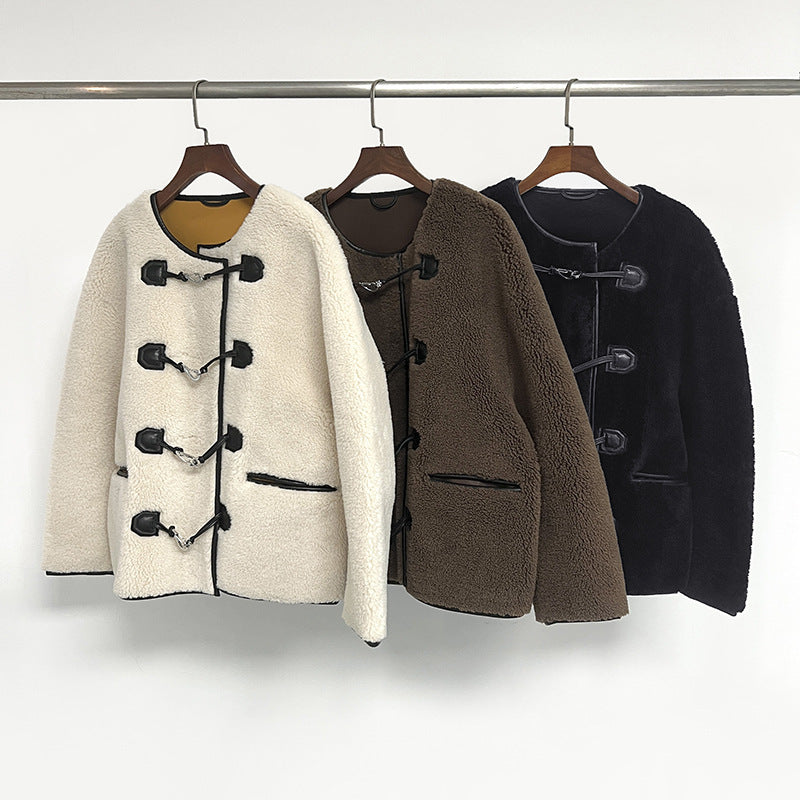 New Metal Leather Ring Fur Stitching Coat