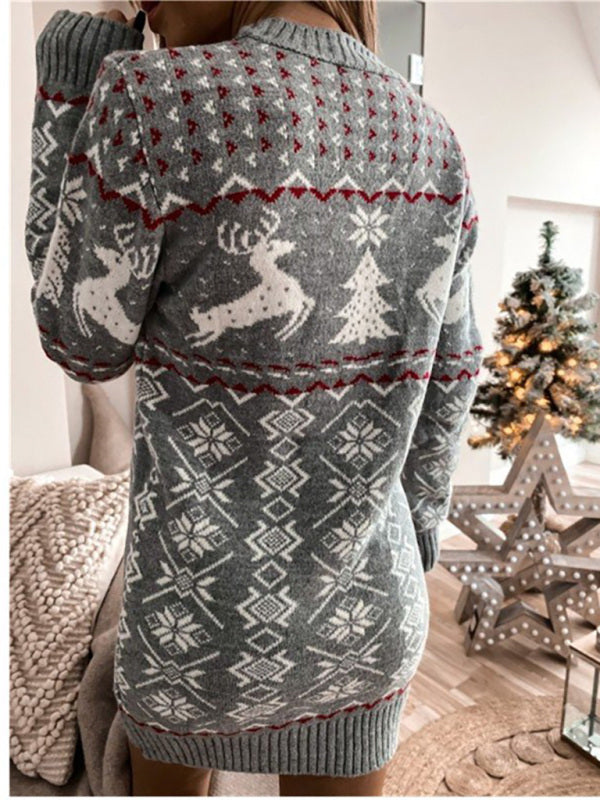 Women's Skinny Sexy Christmas Jacquard Long Sleeve Dress