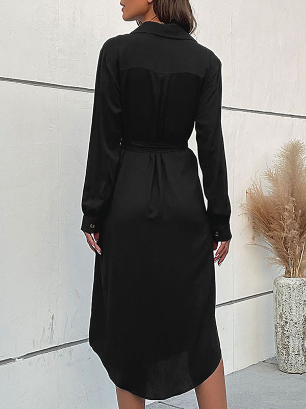 Woven Lapel Long-Sleeve Shirt Dress