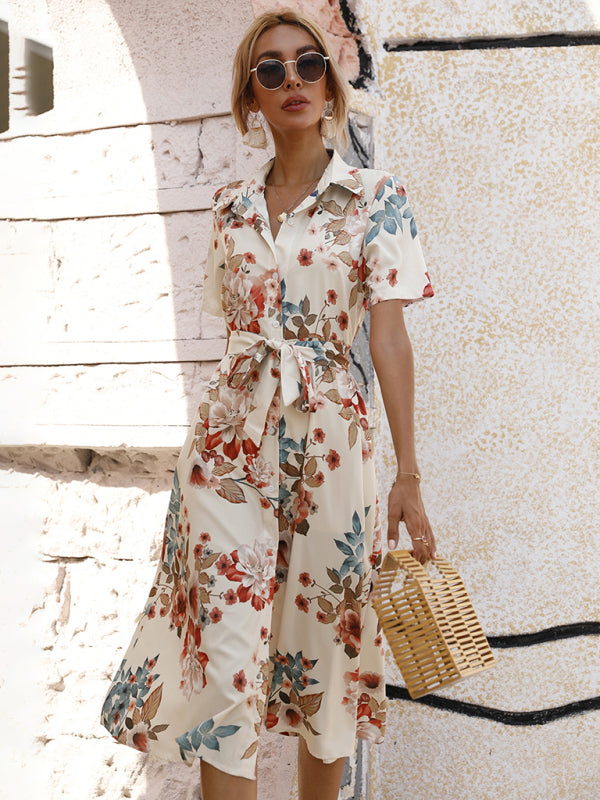 Elegant Floral Lapel-Collar Knit Vacation Dress