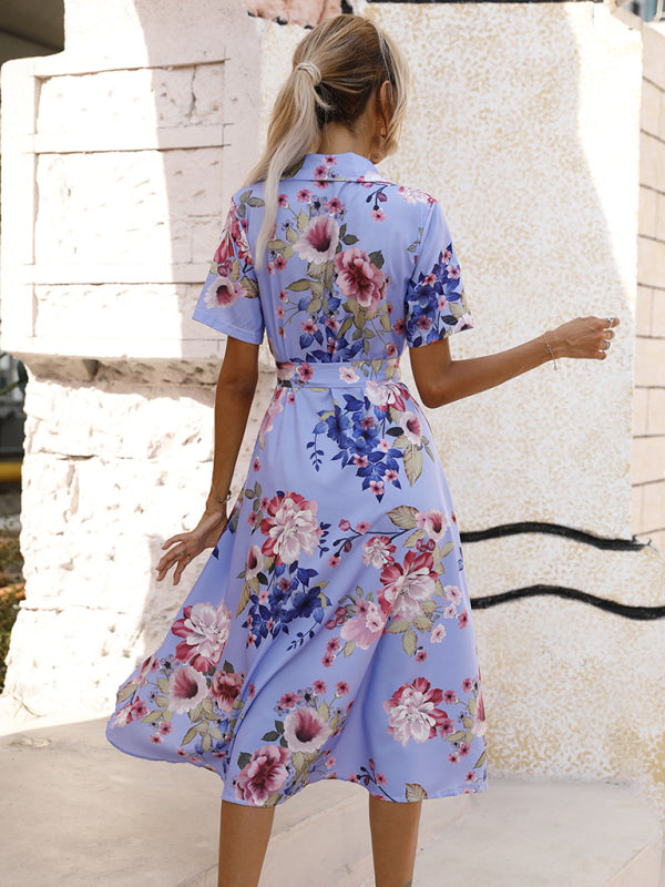 Elegant Floral Lapel-Collar Knit Vacation Dress