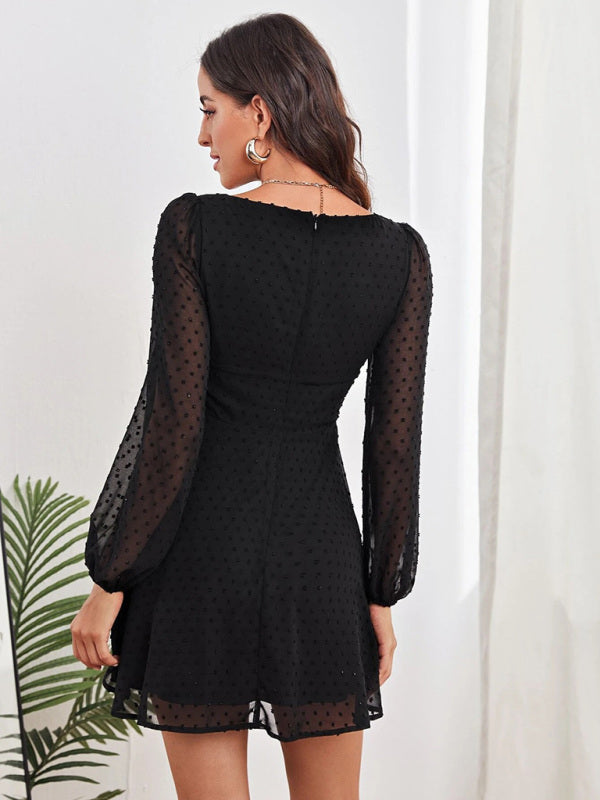 Woven Chiffon Jacquard Elegant Long-Sleeve Dress