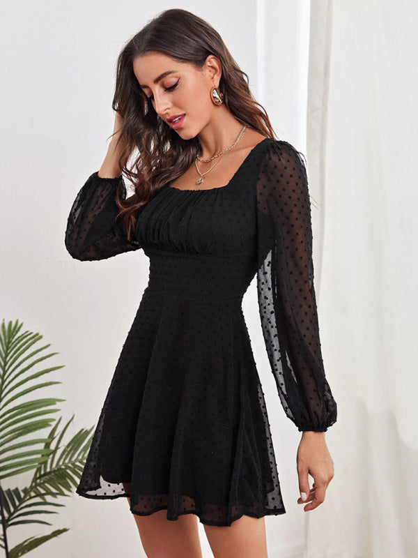 Woven Chiffon Jacquard Elegant Long-Sleeve Dress
