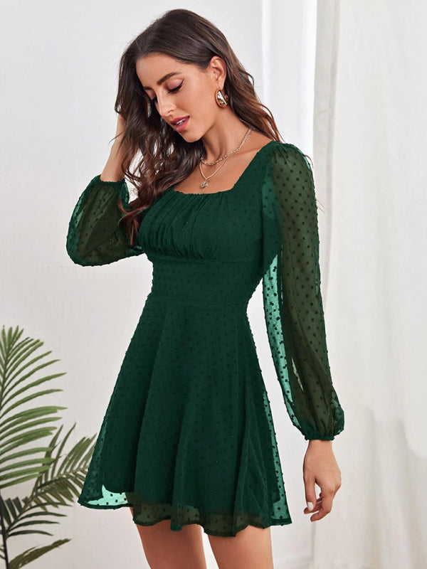 Woven Chiffon Jacquard Elegant Long-Sleeve Dress