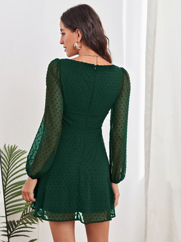Woven Chiffon Jacquard Elegant Long-Sleeve Dress