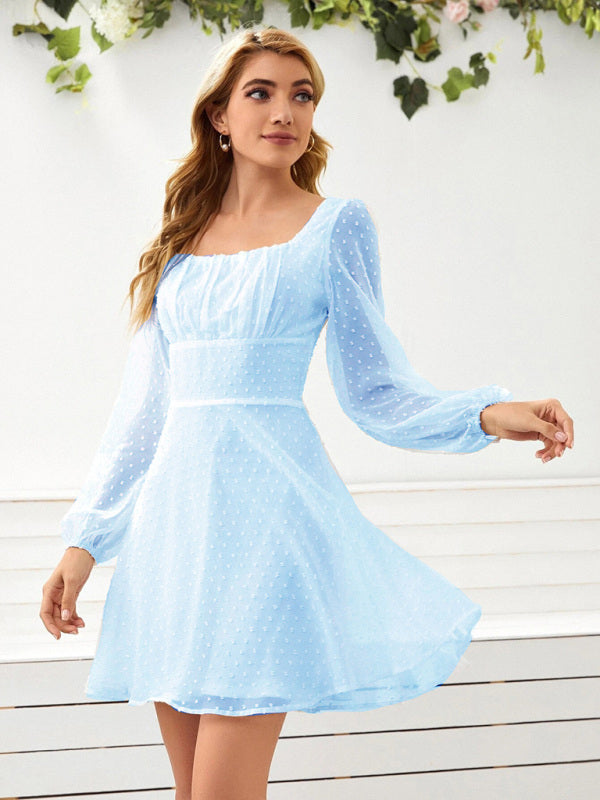 Woven Chiffon Jacquard Elegant Long-Sleeve Dress