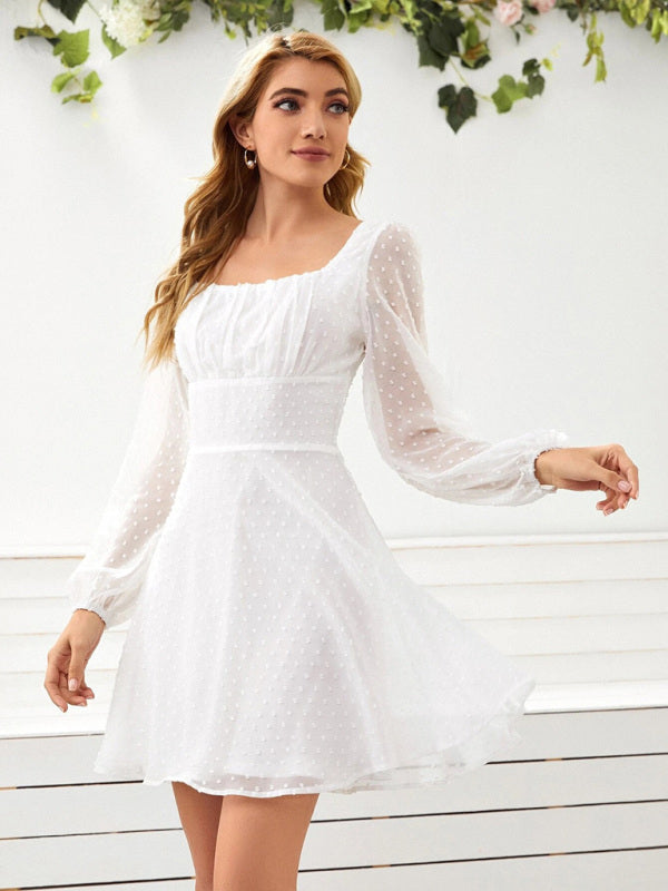 Woven Chiffon Jacquard Elegant Long-Sleeve Dress