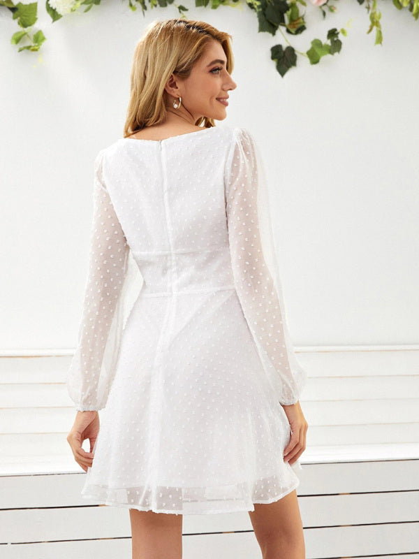 Woven Chiffon Jacquard Elegant Long-Sleeve Dress