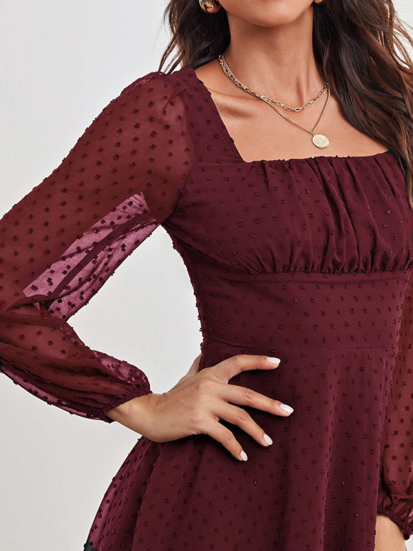 Woven Chiffon Jacquard Elegant Long-Sleeve Dress