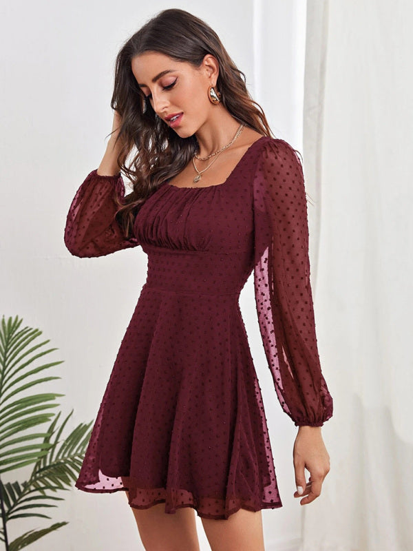 Woven Chiffon Jacquard Elegant Long-Sleeve Dress