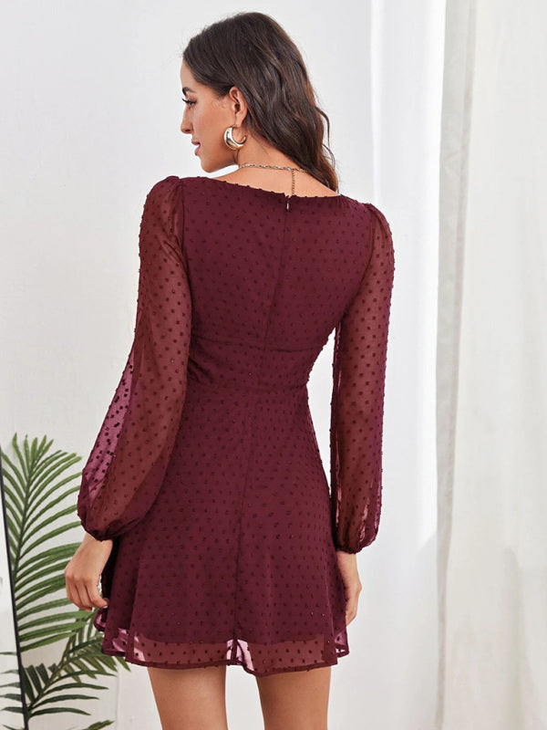 Woven Chiffon Jacquard Elegant Long-Sleeve Dress