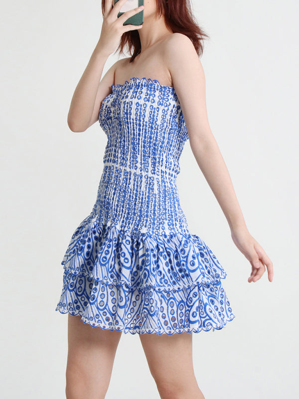 Strapless Slim Ruffle-Hem Embroidered Mini Dress