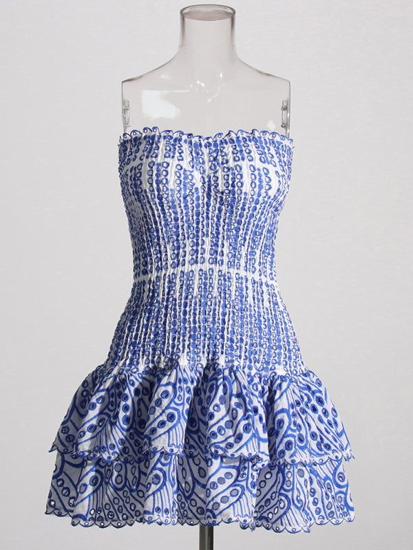 Strapless Slim Ruffle-Hem Embroidered Mini Dress