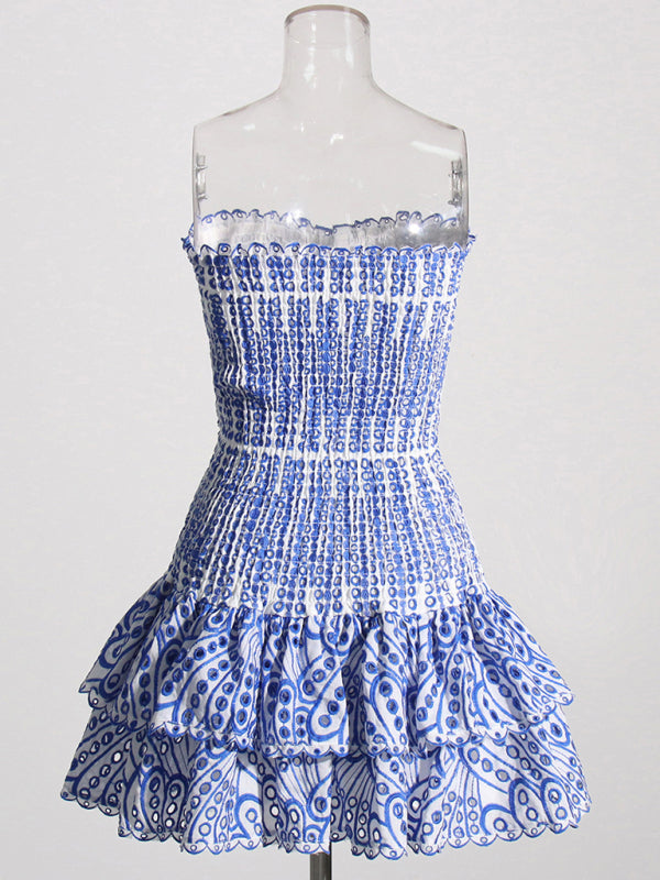 Strapless Slim Ruffle-Hem Embroidered Mini Dress