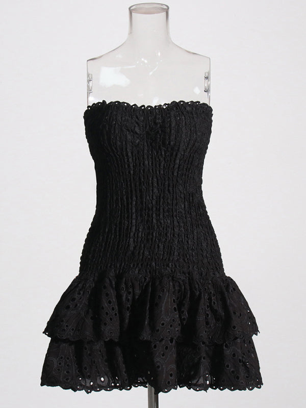Strapless Slim Ruffle-Hem Embroidered Mini Dress