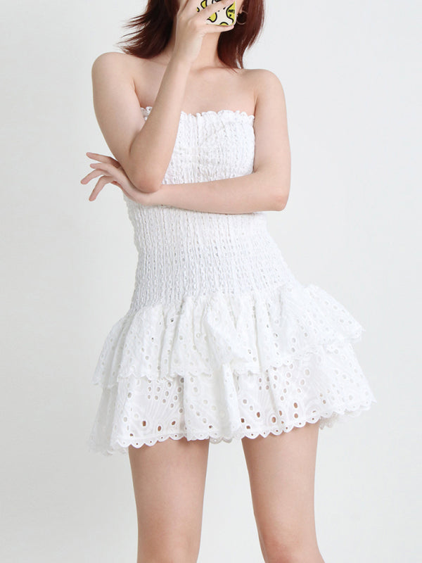 Strapless Slim Ruffle-Hem Embroidered Mini Dress