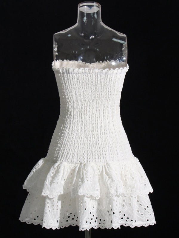 Strapless Slim Ruffle-Hem Embroidered Mini Dress