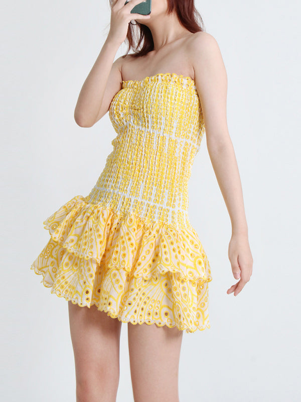 Strapless Slim Ruffle-Hem Embroidered Mini Dress