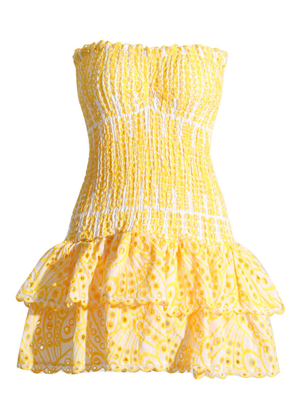 Strapless Slim Ruffle-Hem Embroidered Mini Dress