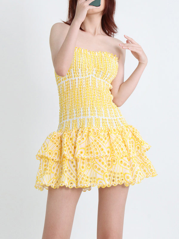Strapless Slim Ruffle-Hem Embroidered Mini Dress