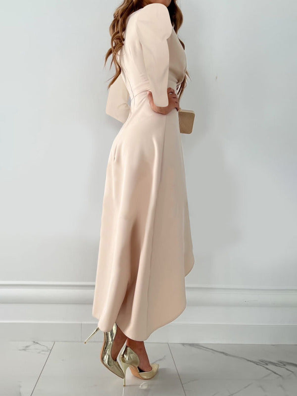 Long-Sleeve V-Neck Gathered-Hem Slit Dress