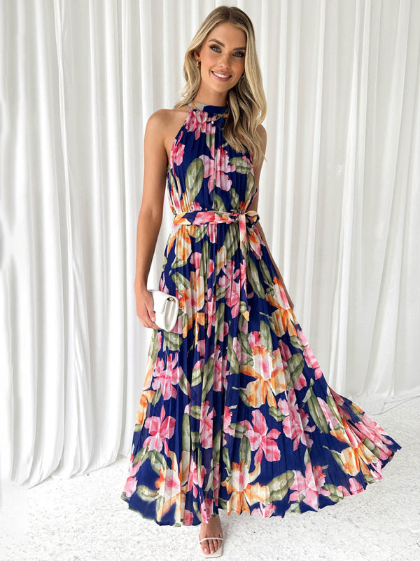 Sleeveless Printed Halter-Neck Casual Swing Dress
