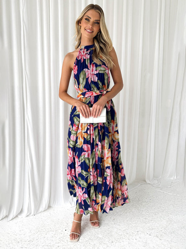 Sleeveless Printed Halter-Neck Casual Swing Dress