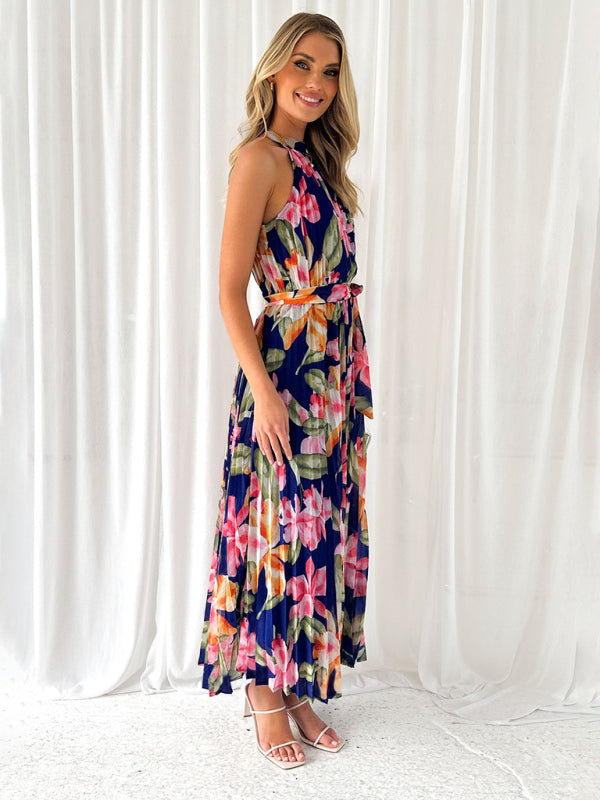 Sleeveless Printed Halter-Neck Casual Swing Dress