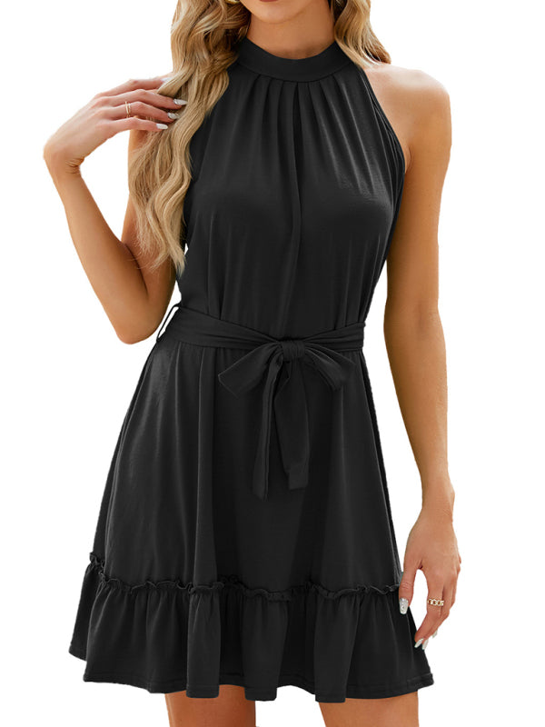 Halter-Neck Pleated Sleeveless Mini Dress