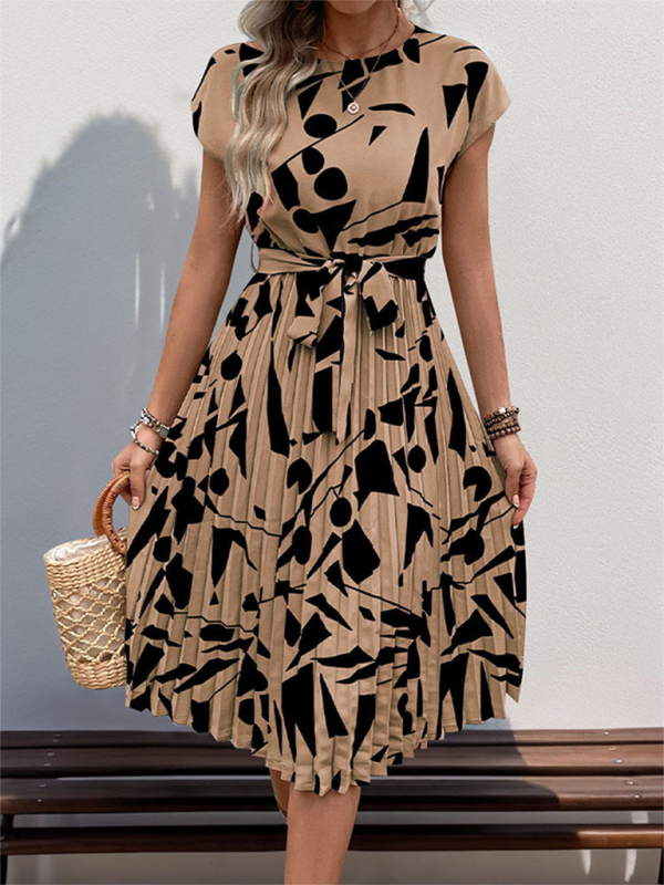 New Geometric Pattern Print Pleated Midi Dress