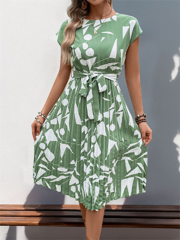New Geometric Pattern Print Pleated Midi Dress