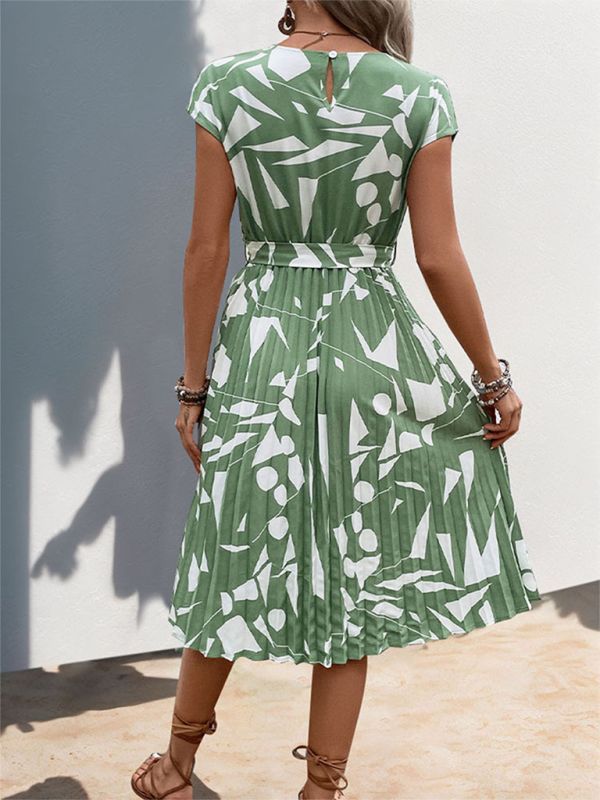 New Geometric Pattern Print Pleated Midi Dress