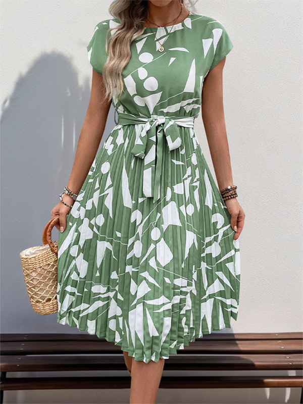 New Geometric Pattern Print Pleated Midi Dress