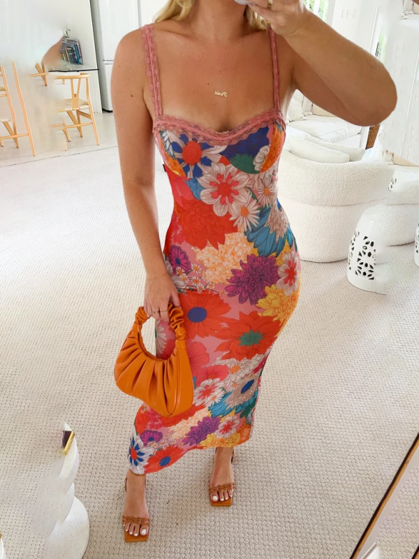 One-Shoulder Flower-Printed Suspender Dress