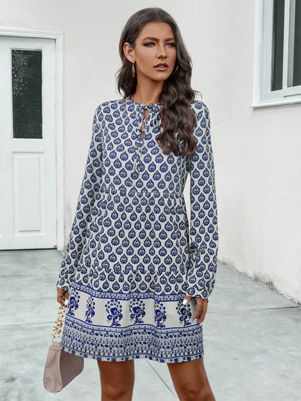 Printed Long-Sleeve Tie-Strap Short Dress