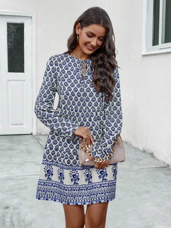 Printed Long-Sleeve Tie-Strap Short Dress