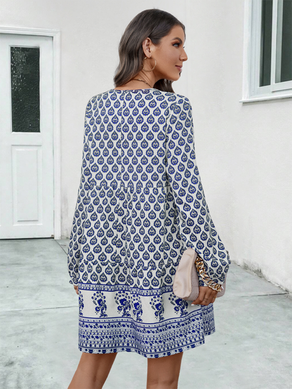 Printed Long-Sleeve Tie-Strap Short Dress