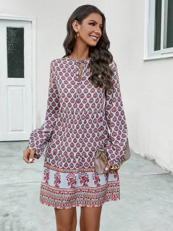 Printed Long-Sleeve Tie-Strap Short Dress