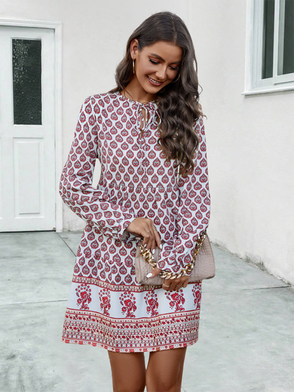 Printed Long-Sleeve Tie-Strap Short Dress
