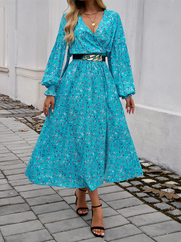 Elegant V-Neck High-Waist Printed Dress