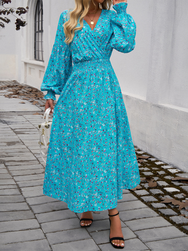 Elegant V-Neck High-Waist Printed Dress