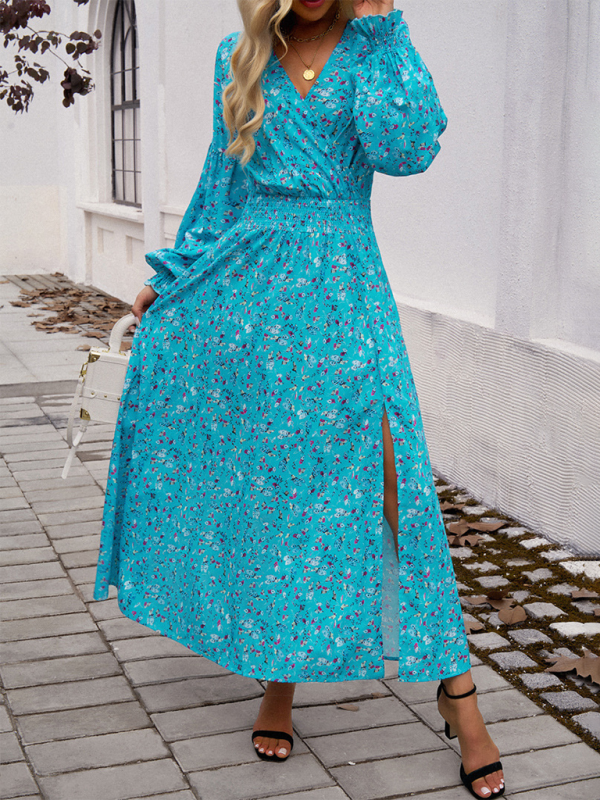Elegant V-Neck High-Waist Printed Dress