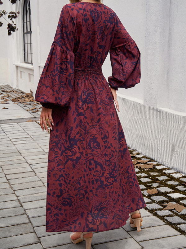 Elegant V-Neck High-Waist Printed Dress