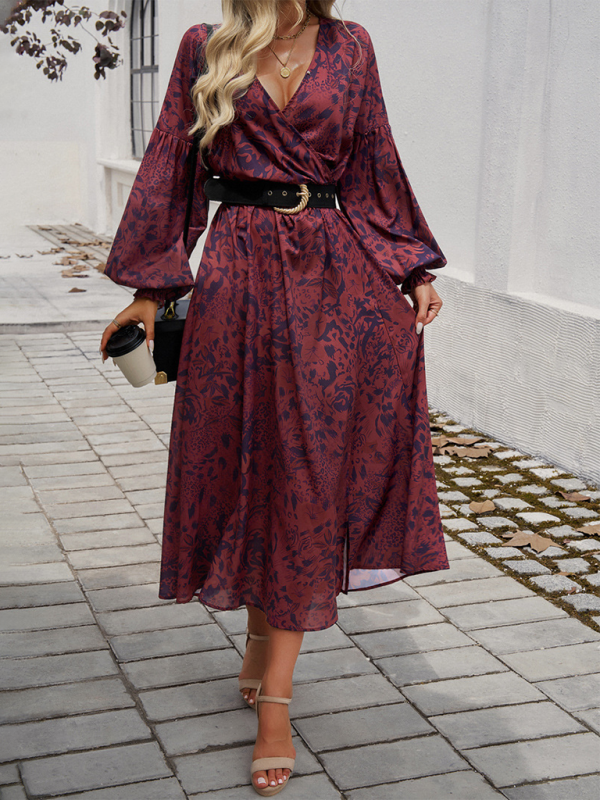 Elegant V-Neck High-Waist Printed Dress