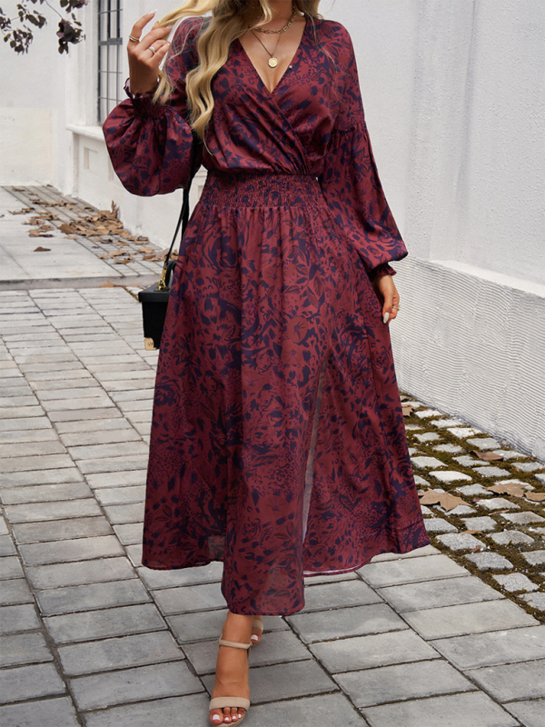 Elegant V-Neck High-Waist Printed Dress